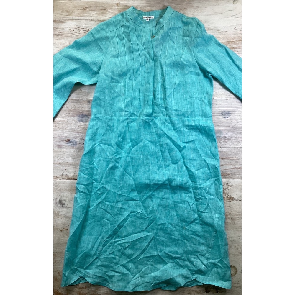 Mario Romano Italy Linen Tunic Dress Turquoise Blue Pleated Bib Roll Tab Small